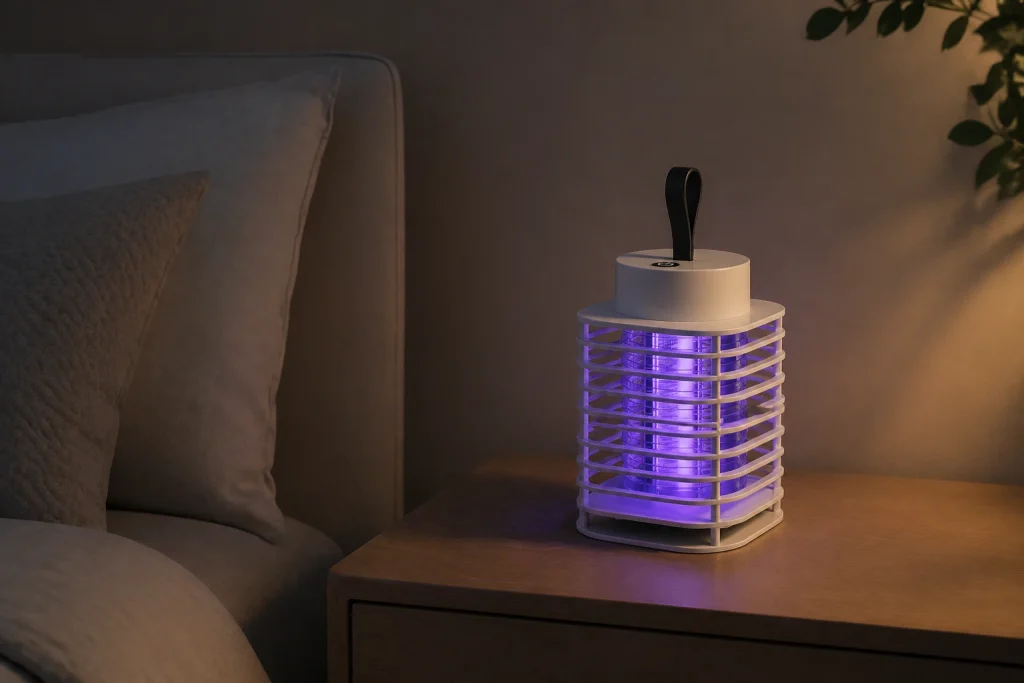 HaloGuard 2-in-1 mosquito trap lamp on a bedside table