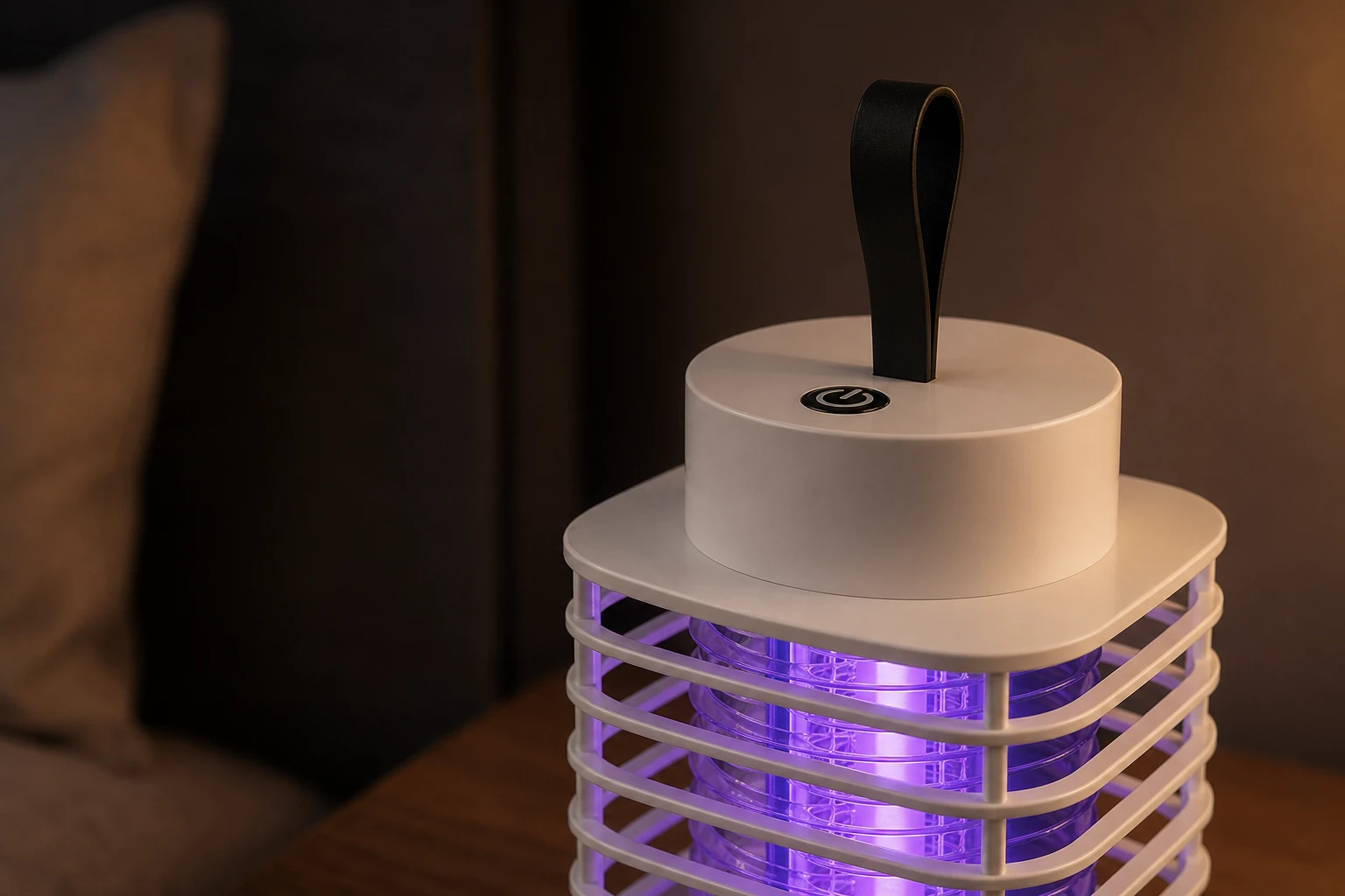 Primo piano della lampada trappola antizanzare HaloGuard 2-in-1 con griglia protettiva e luce viola
