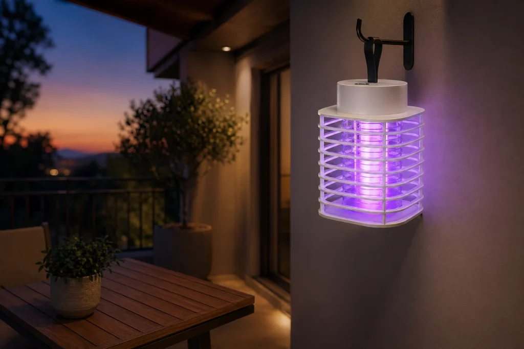 HaloGuard 2-in-1 mosquito trap lamp hanging in a covered outdoor evening setting